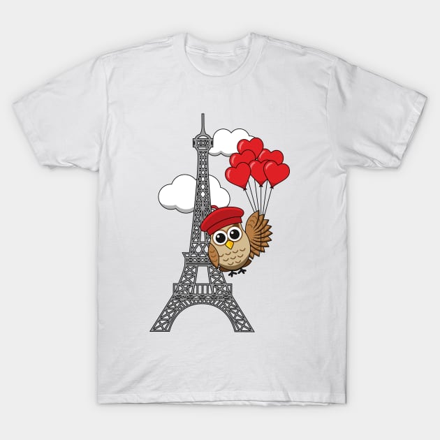 Owl Flying with Heart Balloons in Paris T-Shirt by BirdAtWork